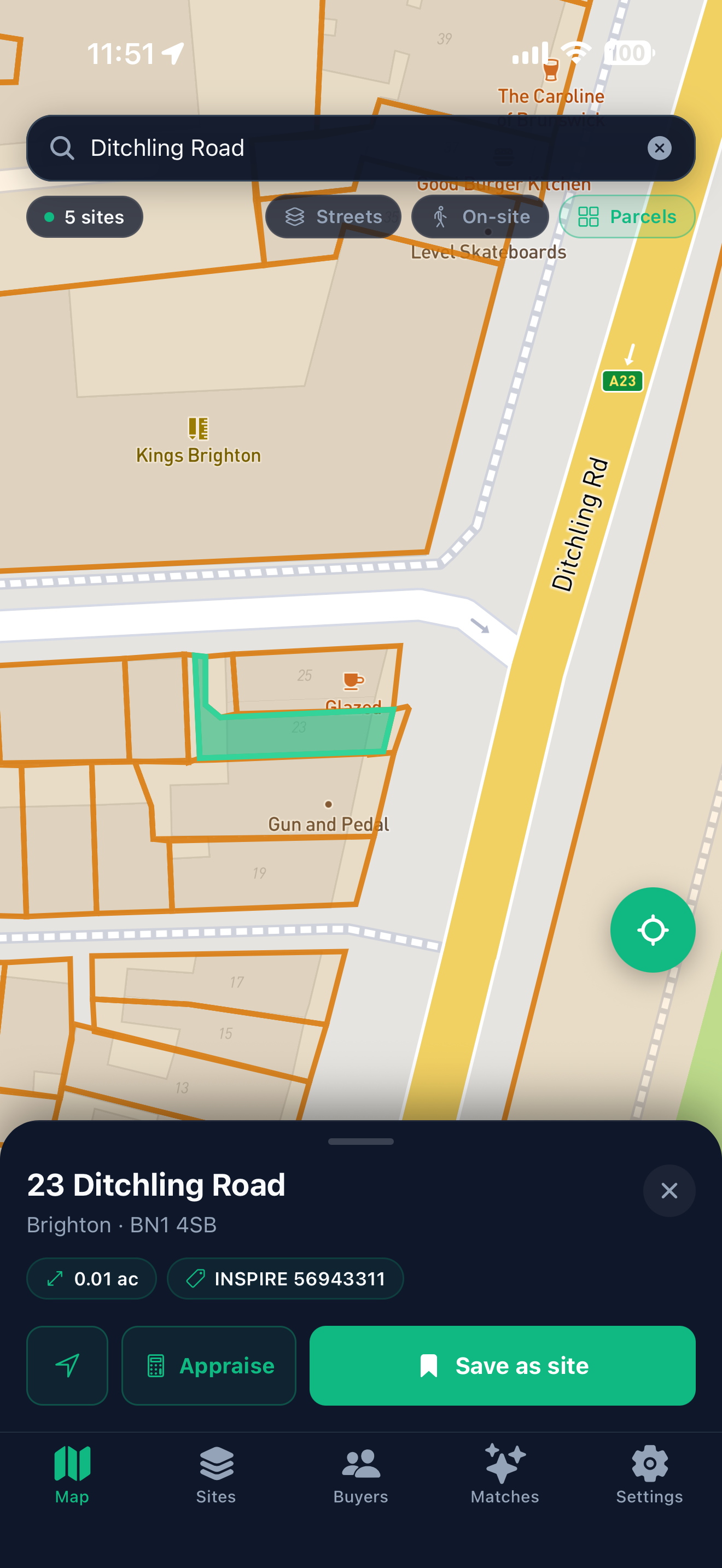 Landhunt Scout map screen with 23 Ditchling Road parcel highlighted in green and the bottom sheet open